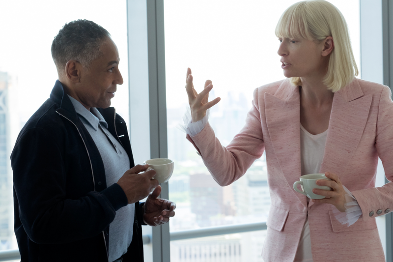Lucy Mirando (Tilda Swinton) strategizes with Mirando Corp.’s Frank Dawson (Giancarlo Esposito)